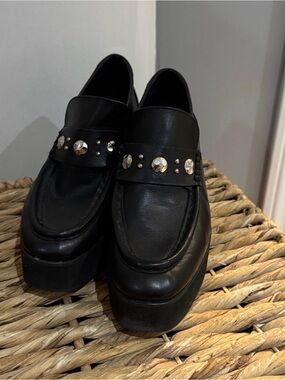 Maje Black Leather Studded Platform Loafers